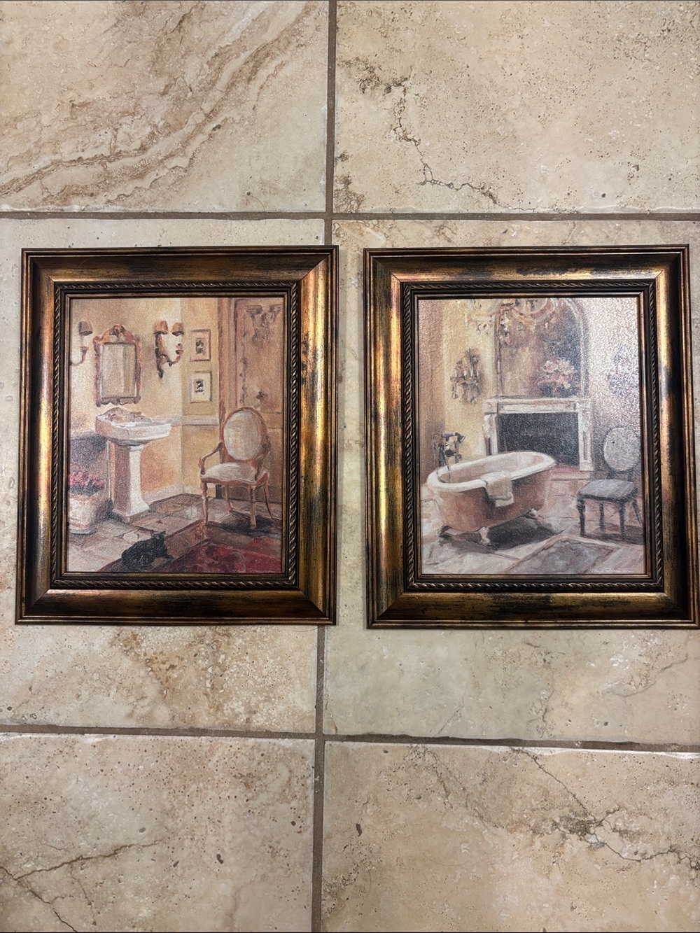 Vintage-Style Bathroom Prints Wall Art in Gold-Tone Frame (Set of 2)